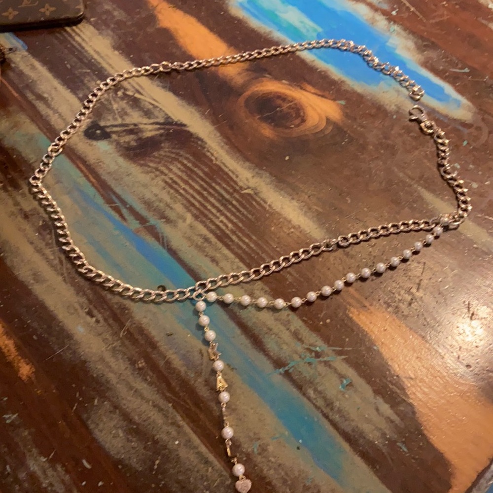 Karl Lagerfeld Silver Chain Pearl Accent Belt